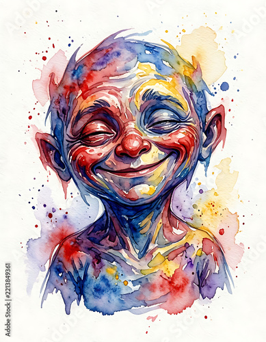 Colorful fantasy character with joyful expression on a vibrant abstract background