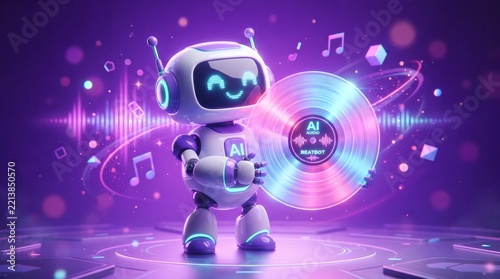 Cute Bot holding a Glowing Music Vinyl