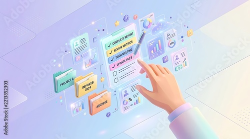 A detailed 3D illustration of a hand interacting with a glowing digital task checklist interface, surrounded by floating document folders, charts, and analytics elements