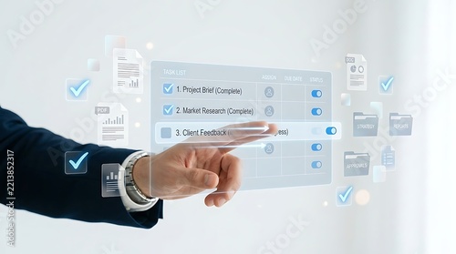 A business professional interacting with a glowing digital task checklist interface on a transparent virtual touchscreen displaying project planning and workflow management