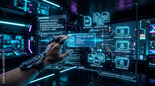 A person interacting with a glowing holographic digital interface displaying operational protocols, PDF files, and confidential archives in a futuristic control room