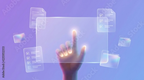 A 3D render of a hand interacting with a glassmorphism interface featuring floating document icons, file folders, and task checklist symbols against a soft purple background