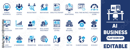AI business icon set. featuring ai workspace, human capital, kpi monitoring, cloud ai, real time metrics, and ai agent.