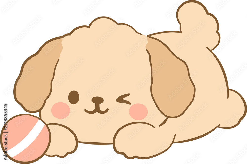 Fototapeta premium Cute Puppy Character Winking Lying Down Near Pink Ball