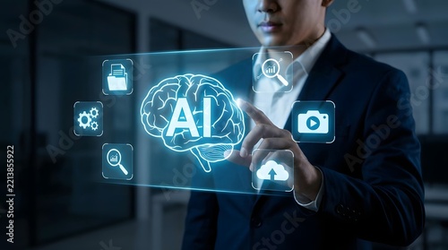 Businessman interacting with artificial intelligence brain hologram