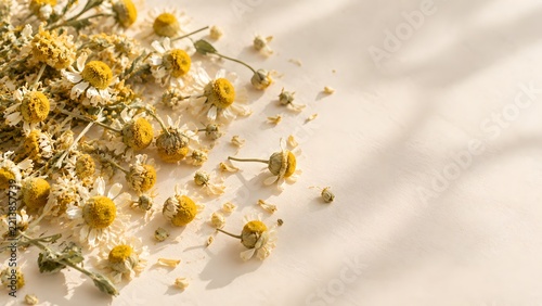 Dried Chamomile Flowers Scattered on A Matte Cream Surface