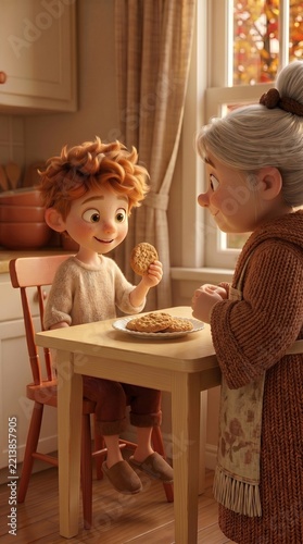 3D illustration: a grandmother treating a red-haired boy to homemade cookies in a cozy kitchen