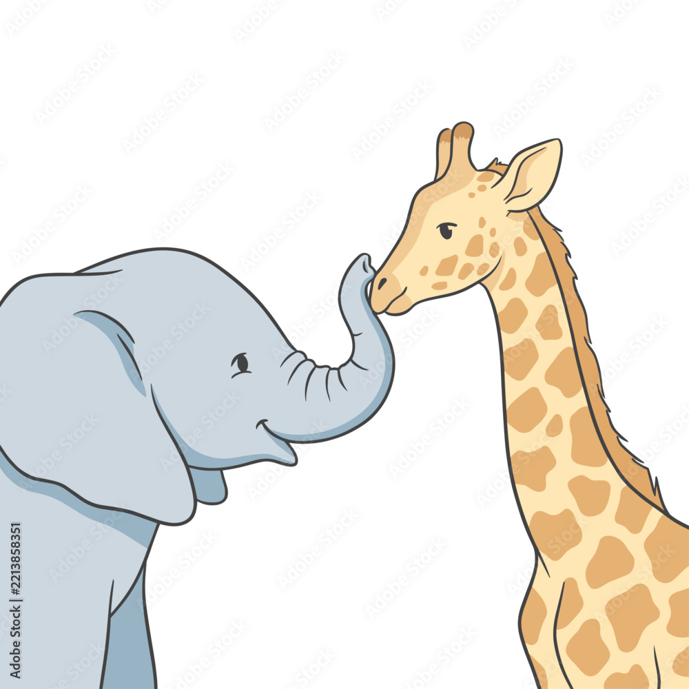 Fototapeta premium Cute Cartoon Elephant and Giraffe Touching Noses, Wild Animals Friendship Illustration