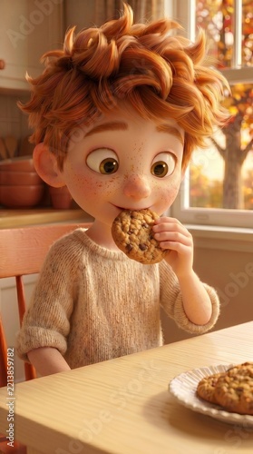 3D illustration: a red-haired boy eating homemade cookies in a cozy kitchen
