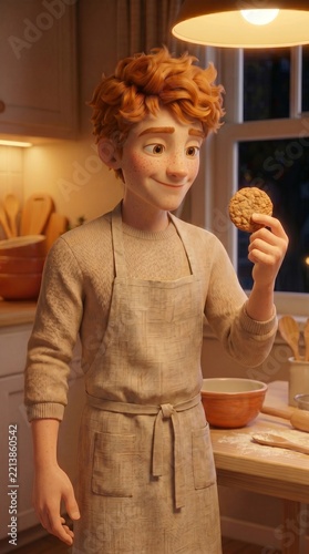 3D illustration: a young red-haired man with freckles, wearing an apron, holding a cookie in a cozy kitchen 