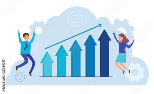 Happy business people jumping in excitement in front of a rising bar chart and growing arrow, financial success.