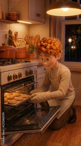 3D illustration: a red-haired guy in an apron taking fresh cookies out of the oven in a cozy kitchen in the evening