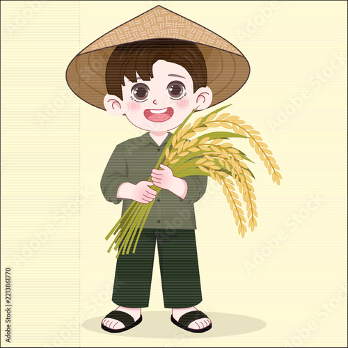 Cartoon Boy Farmer Holding Freshly Harvested Rice Illustration