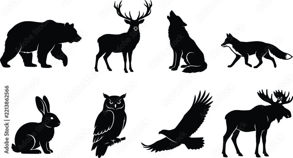 Obraz premium Wild forest animals silhouette vector set including bear deer wolf fox rabbit owl eagle and moose isolated on a plain white background for wildlife design elements