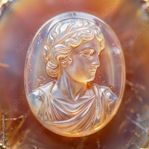 Ancient cameo gemstone carving of a young man in classical attire against a warm background