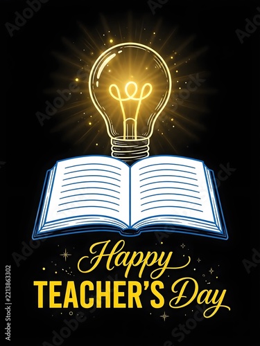 A stylized illustration for World Teacher's Day featuring a glowing lightbulb atop an open book on a black background.