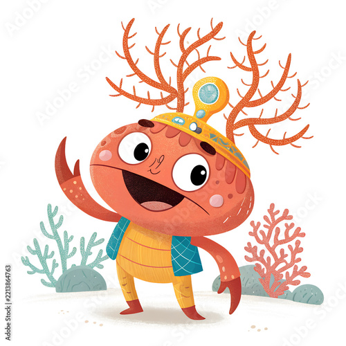 Cute cartoon underwater creature with coral antlers waving