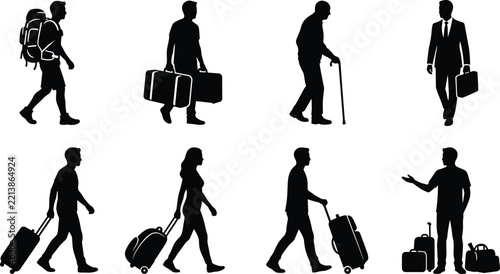 Travelers and commuters silhouette collection featuring various luggage and walking poses