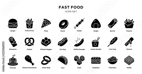 Fast food icon set with burgers, snacks and international dishes