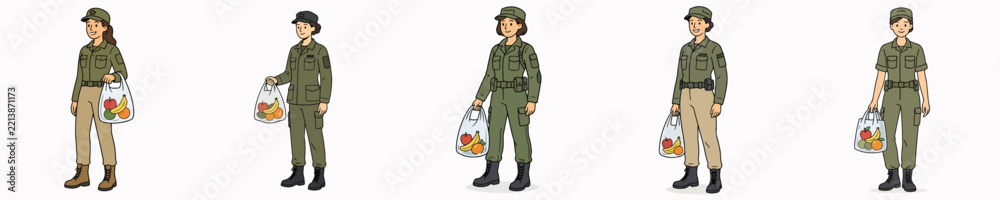 Fototapeta premium Set of vector illustrations of a female soldier carrying a transparent plastic bag filled with fruit.