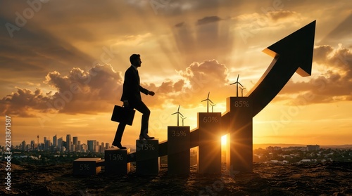 Businessman walking up ascending growth chart with percentage markers and wind turbines at sunset city skyline