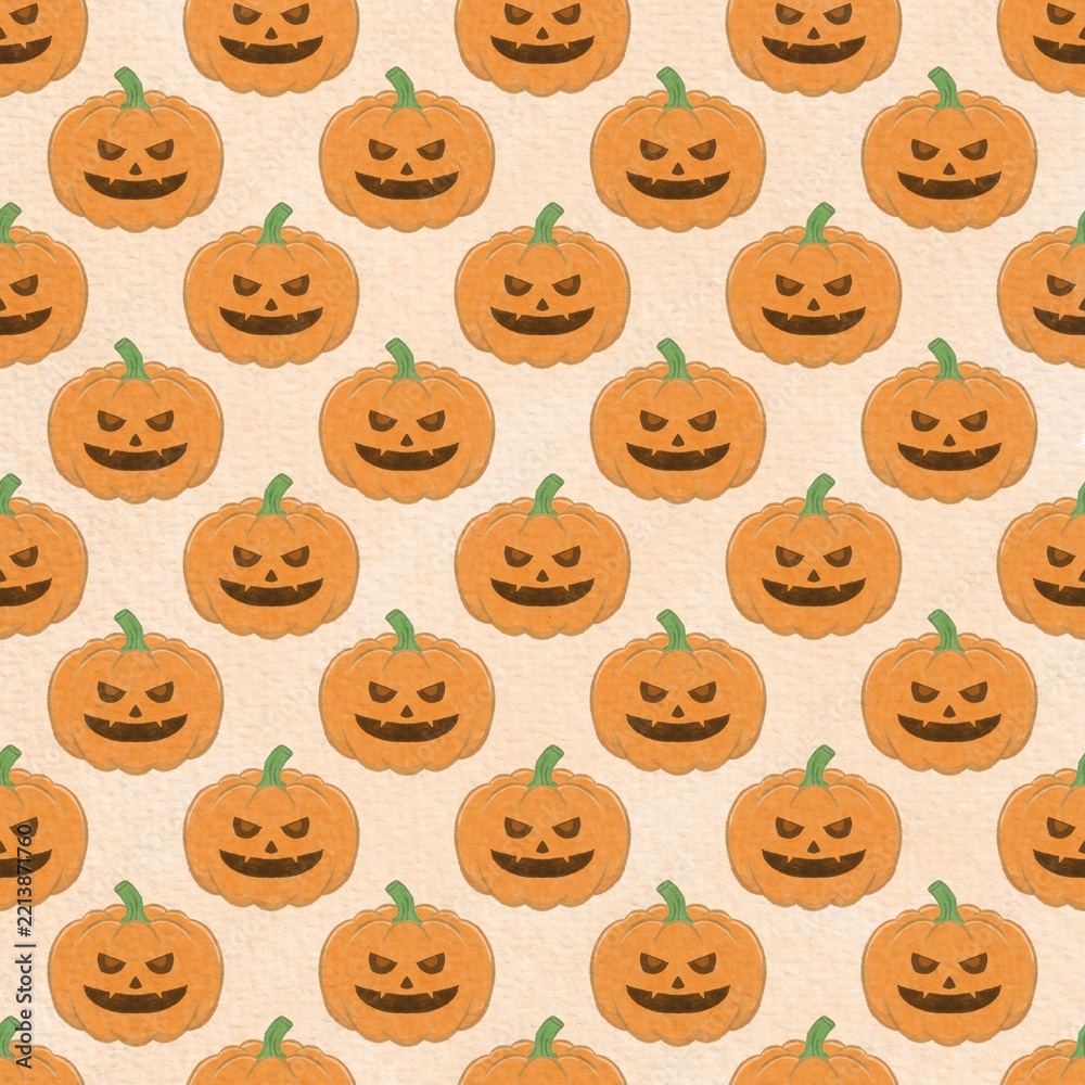 Obraz premium Hand drawn Halloween pumpkin seamless pattern with jack o lanterns on white background