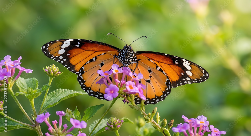 Obraz premium Monarch Butterfly on Purple Lantana Flowers.