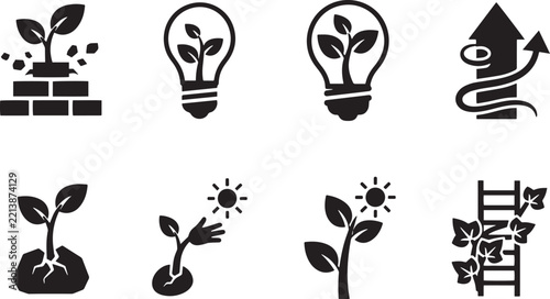 Growth Icons: Seedling Sprouting, Lightbulb Ideas, Plant Development, Career Ladder, Business Progress, Innovation Symbols, Organic Concepts