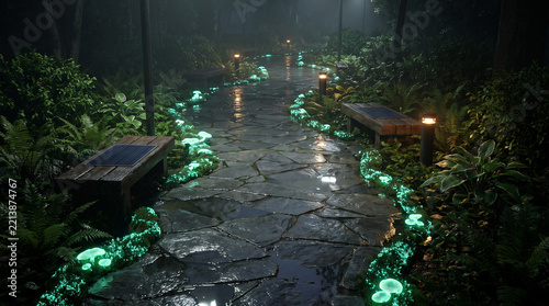 Glowing bioluminescent mushrooms lining a wet stone pathway in a dark mystical park at night
