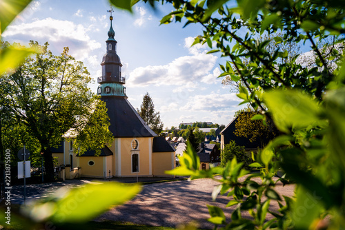 Bergkirche Seiffen Framed by Spring Foliage in Saxony, Germany