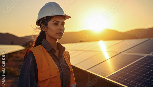 Ingénieur solaire inspectant des panneaux photovoltaïques au coucher du soleil