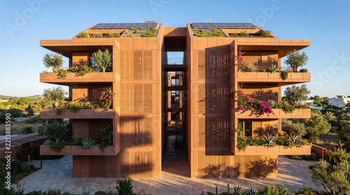 Modern sustainable terracotta apartment building featuring extensive green balconies and rooftop solar panels under clear blue sky lighting