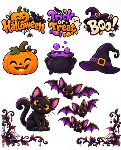 Cute Halloween cartoon clipart set on transparent background PNG