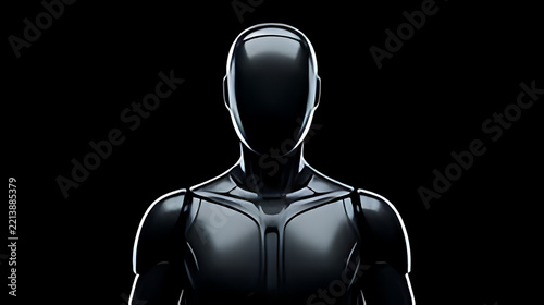 A sleek close-up portrait of a futuristic metallic humanoid robot standing against a solid dark black background. The cybernetic figure features a smooth faceless helmet-like head and highly detailed 