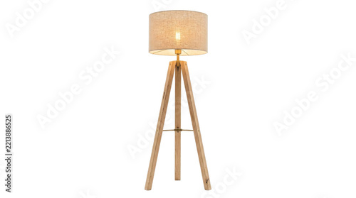 Modern wooden tripod floor lamp with a textured fabric shade for contemporary home interiors