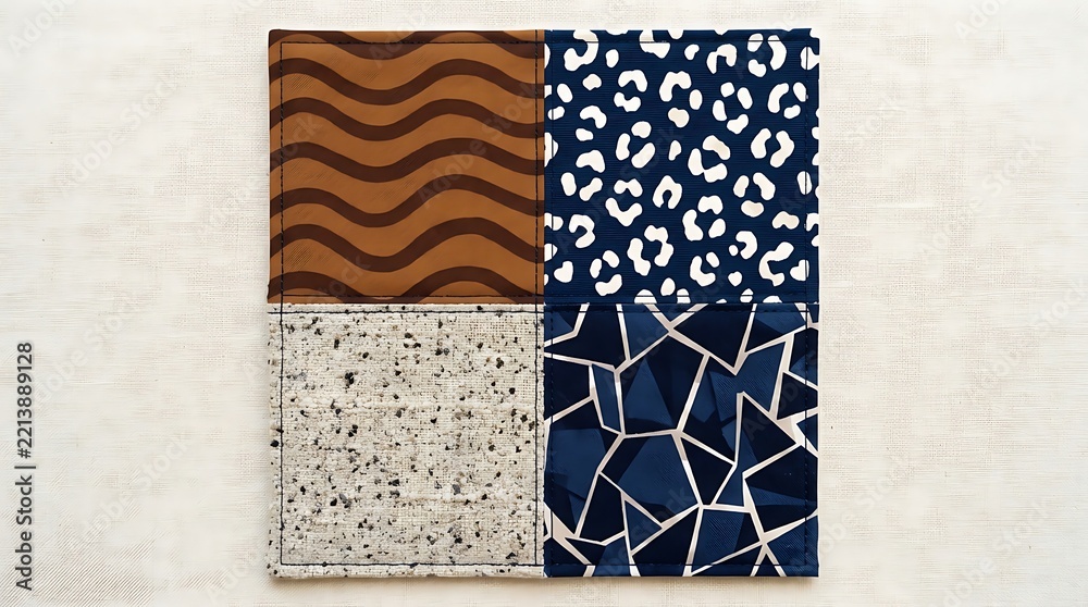 Fototapeta premium Quilted Fabric Patchwork Square Featuring Wavy Brown, Animal Print, Speckled Texture, and Geometric Navy Blue Patterns