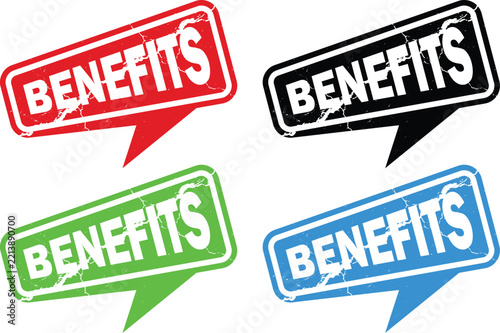 Benefits Banner with Speech Bubble Label, Sticker, Sign Template and Grunge Stamp Vector Design Element