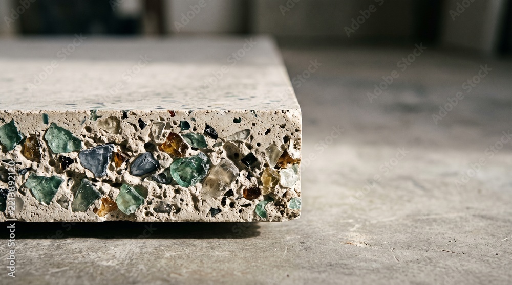 Fototapeta premium Recycled glass terrazzo slab edge in raking light