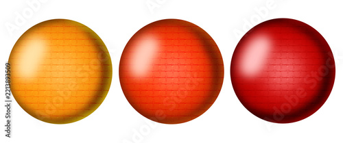 Set of three glossy 3d spheres with brick texture in yellow orange and red isolated on transparent background.