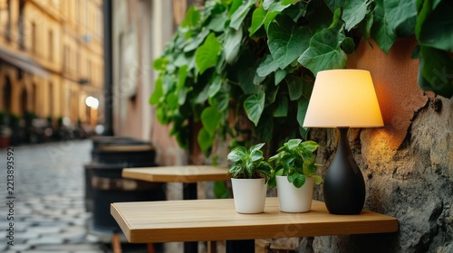 Charming Street Cafe View of Cozy corner street cafe with plants warm lamps small tables s