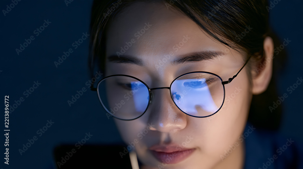 Fototapeta premium Young woman wear round glasses in dark room look at smartphone screen reflection light on face late night work communication connect internet
