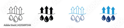 Moisture wicking icons. Evaporation icons set featuring water drops and upward arrows for textile features and fabric properties.