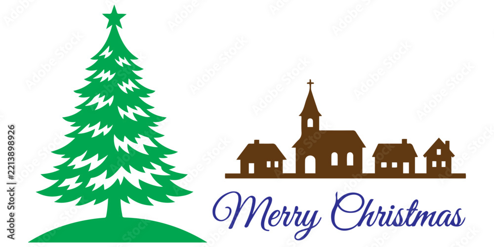 Obraz premium A festive christmas illustration featuring a green pine tree and a small village silhouette with merry christmas text