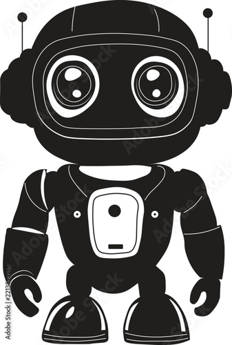 Cute Robot Vector Character, Black and White Friendly Bot Icon, Futuristic Artificial Intelligence Mascot Illustration