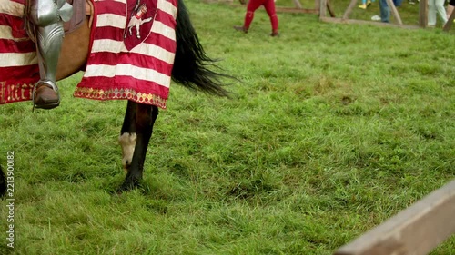 Dark horse legs step on green summer grass during festival. Red and white striped medieval caparison covers galloping animal while armored rider foot rests securely inside metal stirrup.