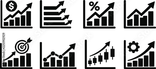 Business Growth and Financial Analytics Icon Set with Upward Trend Bar Charts and Graphs Vector Asset
