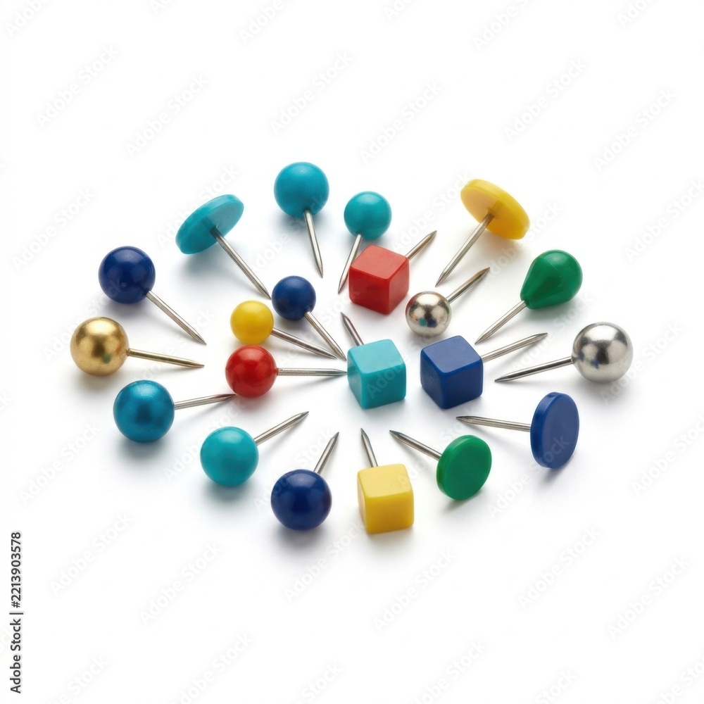 Obraz premium Colorful Push Pins and Thumbtacks Scattered on White Background Office Supplies Collection