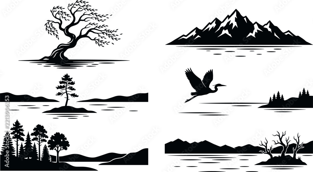 Fototapeta premium Nature landscape silhouettes set featuring mountain lake pine forest flying heron bird and bonsai tree vector illustration design