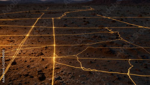 Land development concept showing a grid of glowing gold laser lines perfectly mapping out a raw beautiful desert landscape. Created using generative AI tools