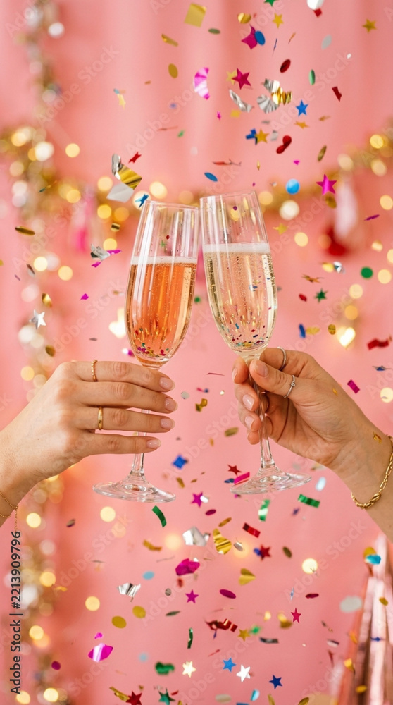 Fototapeta premium Celebration Toast Two Hands Clinking Champagne Glasses with Falling Confetti and Bokeh Lights